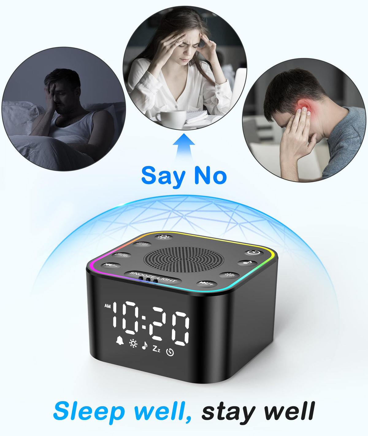 Wkzay portable sound machine compact design illustrating thirty non-looping sleep sounds interface.