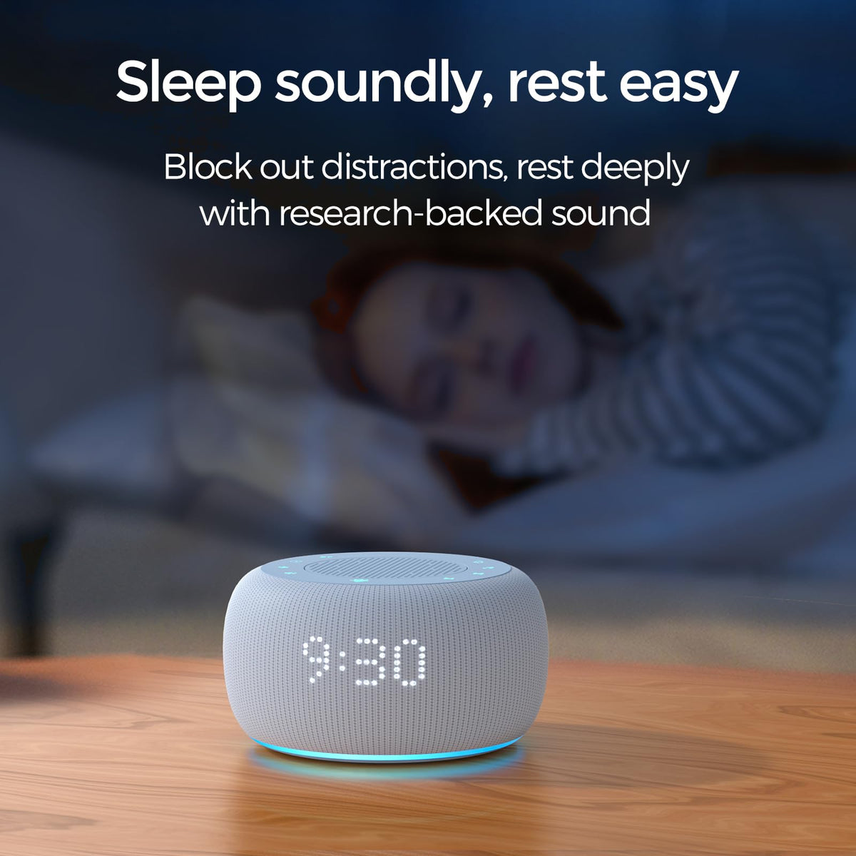 Buffbee 3-in-1 alarm clock and Bluetooth speaker with the ambient bottom light illuminated.