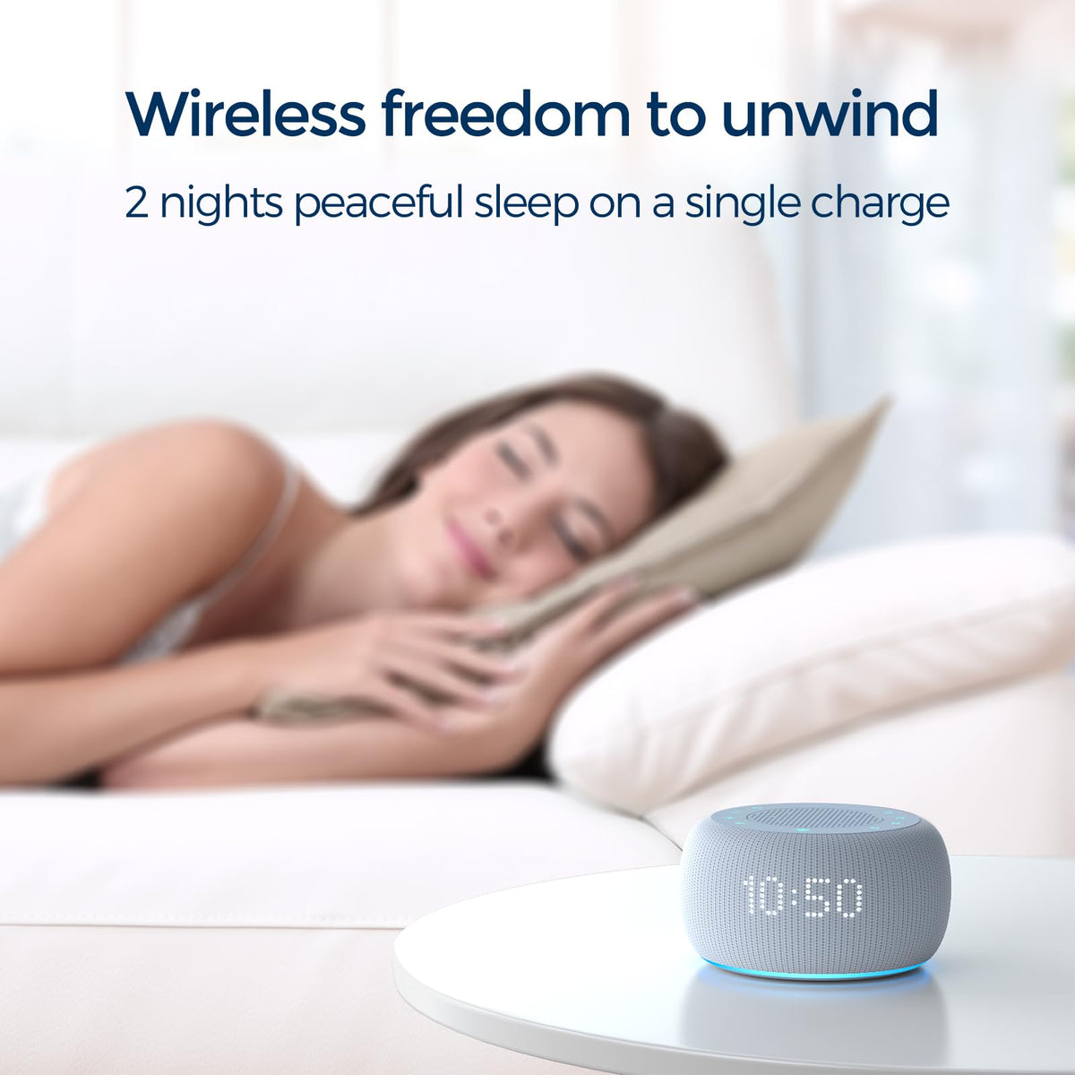Buffbee ambient night light sound machine showing the color-changing bottom glow function.