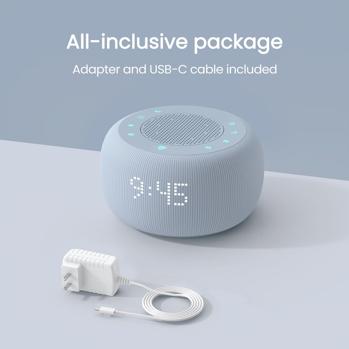 Buffbee compact white noise alarm clock being packed into travel luggage for a trip.