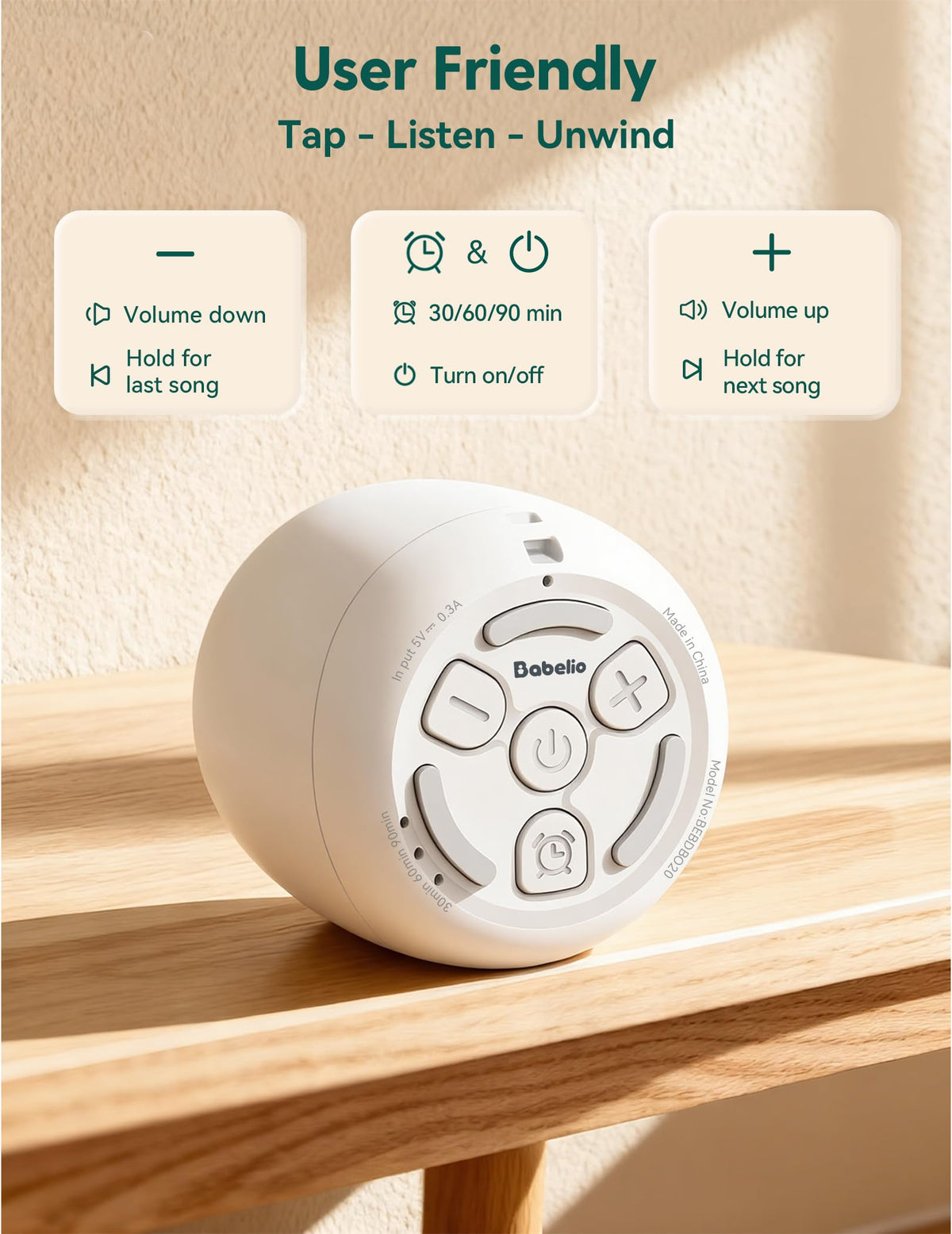 Babelio white noise machine package contents including the portable device and type-c charging cable.