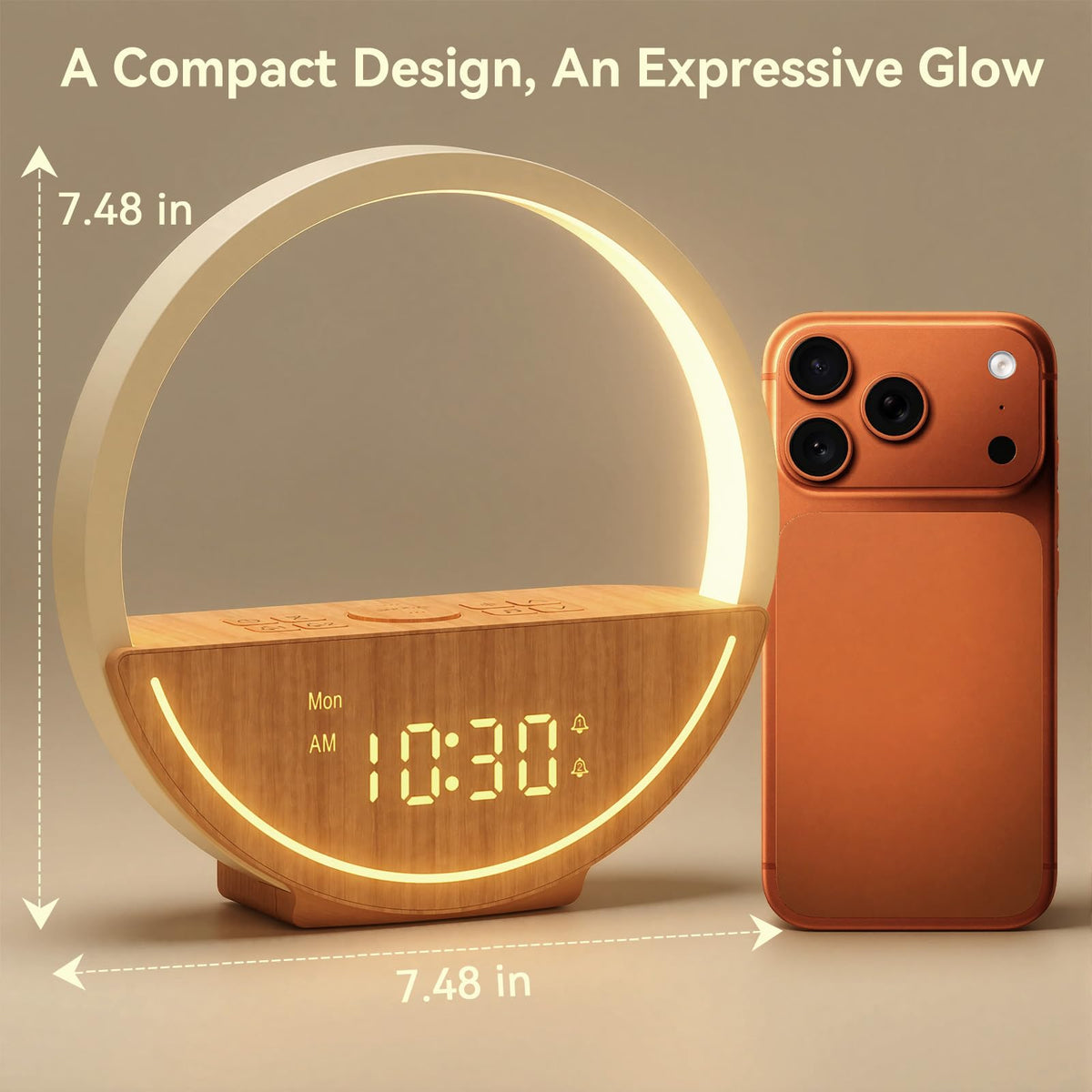 Vivilumens four in one digital clock device operating in a dimmed bedroom environment to showcase the glowing ambience