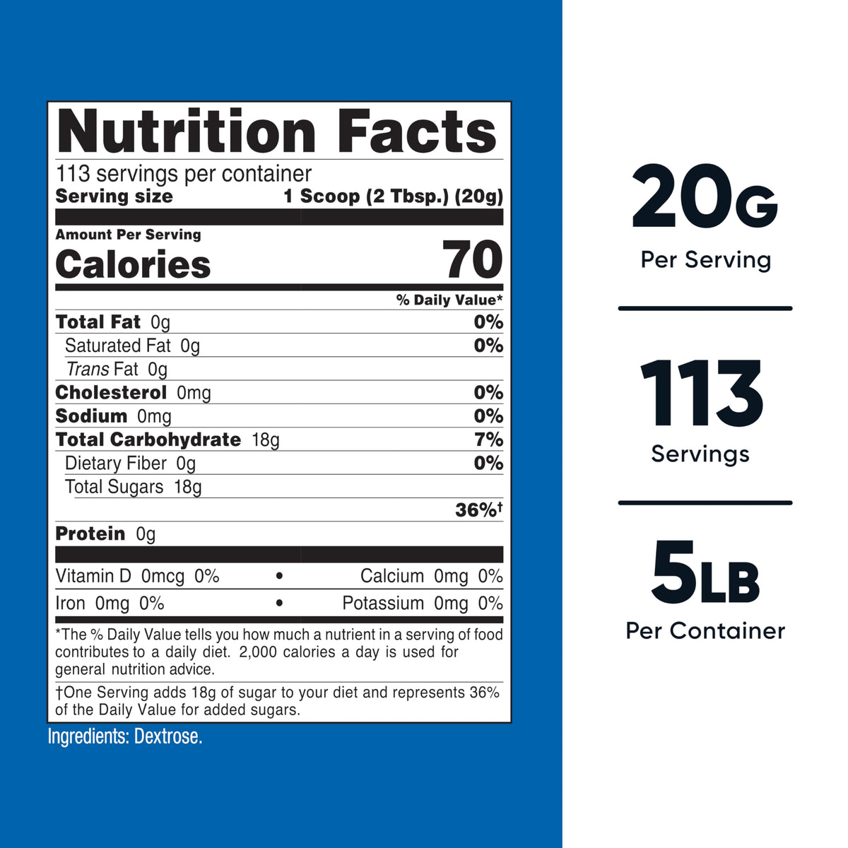 Nutricost unflavored pure dextrose powder nutrition facts panel and ingredient statement