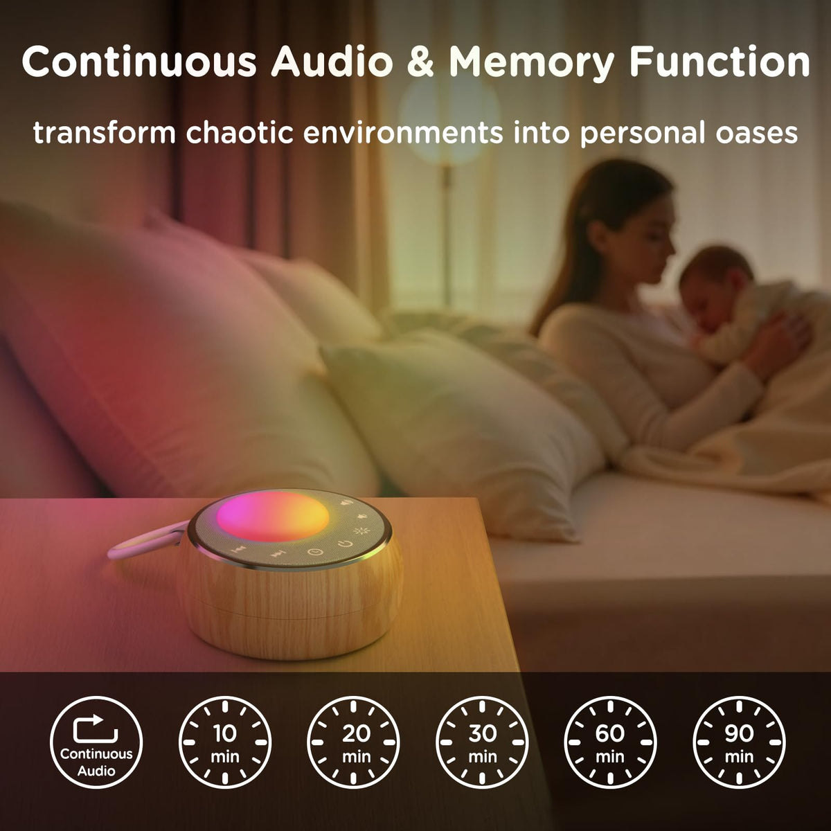 Peakeep sound relaxation device demonstrating the three-step dimming levels of the warm gold light mode.