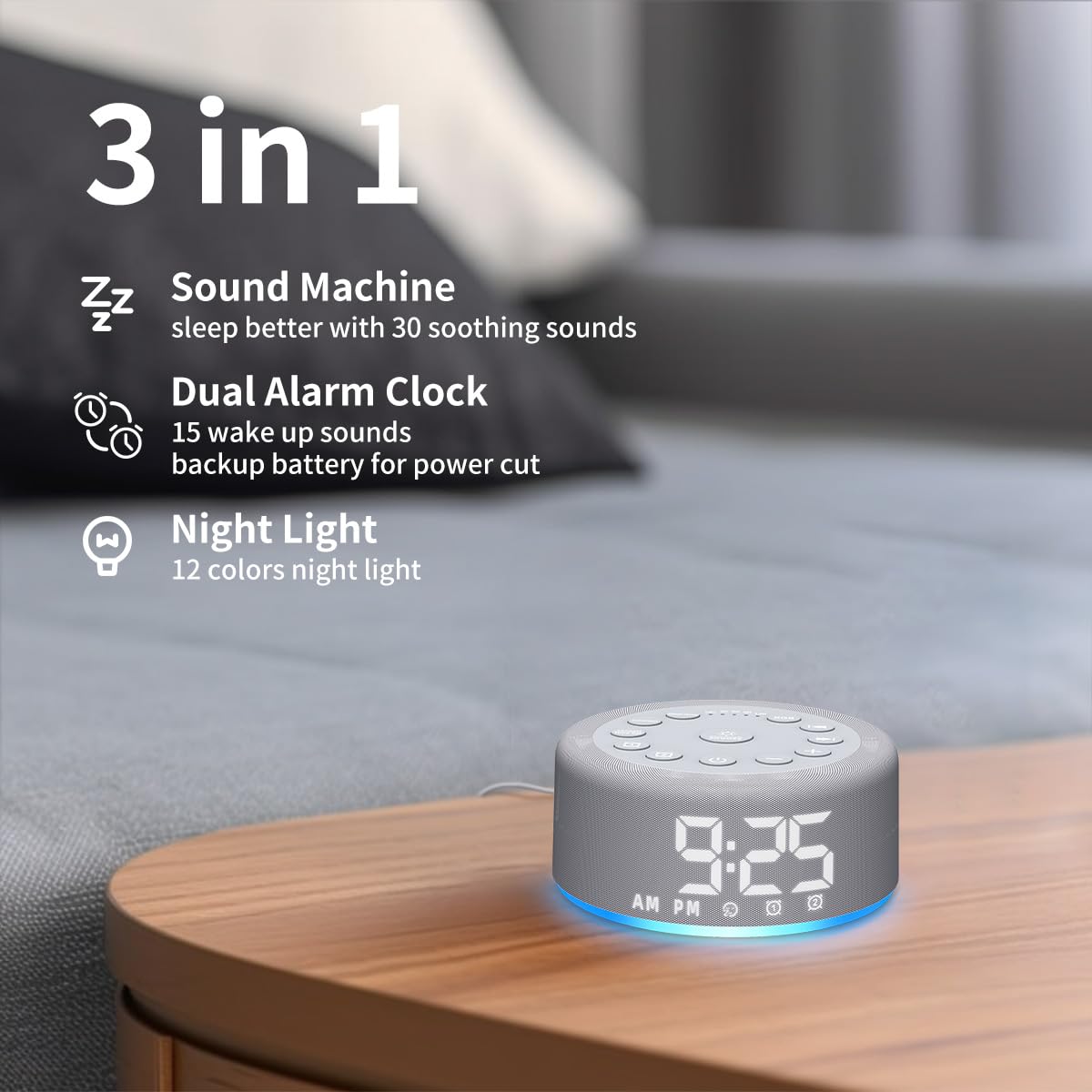 Hushing 3-in-1 sleep aid device glowing with a soothing blue ambient night light option in a bedroom.