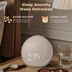 Acedeck white noise machine with digital clock display showing twenty-five natural sleep sounds