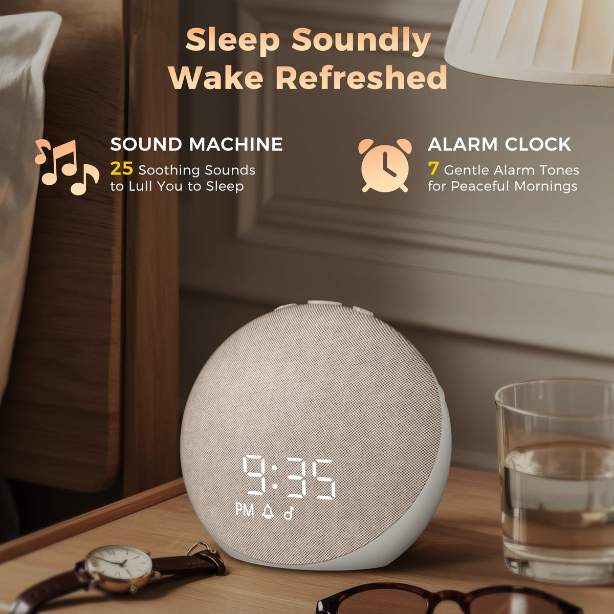 Acedeck white noise machine with digital clock display showing twenty-five natural sleep sounds