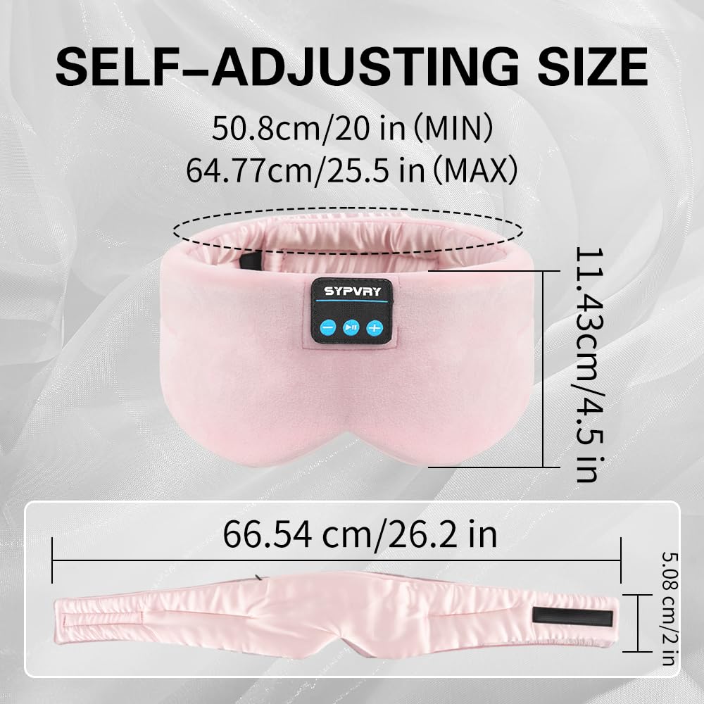 User wearing Sypvry pink Bluetooth sleep mask for relaxation