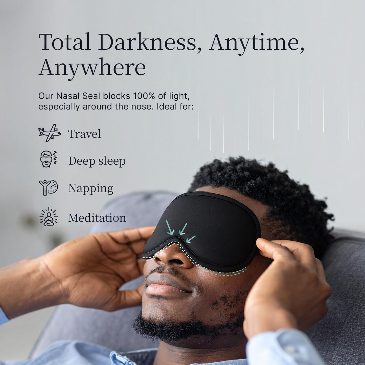 Side profile of Nox Sleep mask on model showing side sleeper design