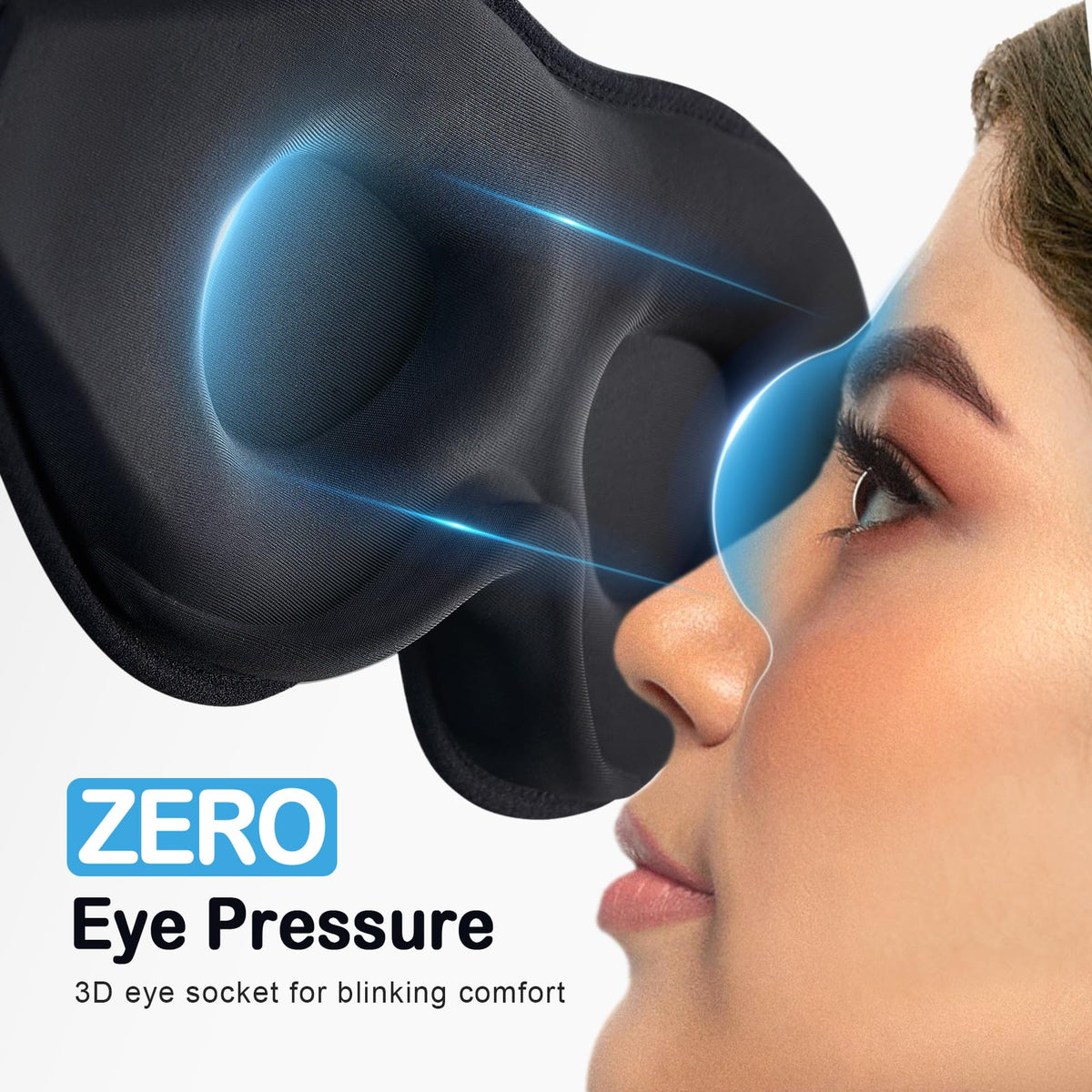 LitBear 3D eye mask worn by woman demonstrating side sleeping comfort