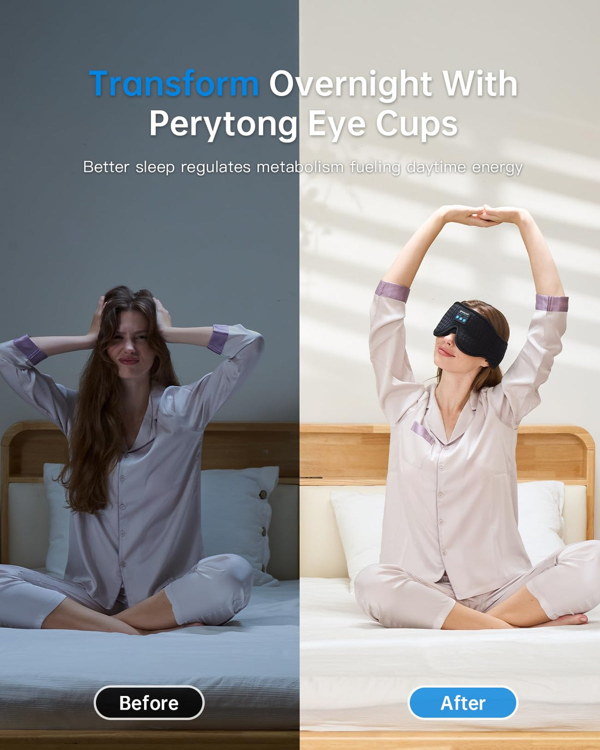 Perytong Bluetooth sleep mask being worn by a side sleeper