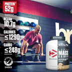 Dymatize high calorie protein powder nutrition facts label showing calories and protein