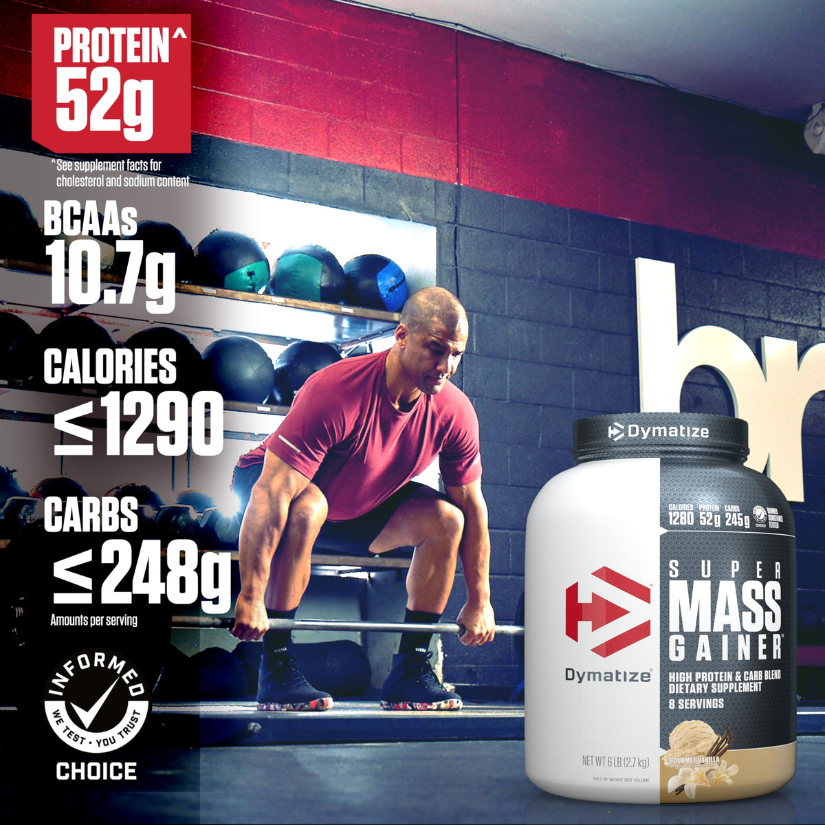 Dymatize high calorie protein powder nutrition facts label showing calories and protein