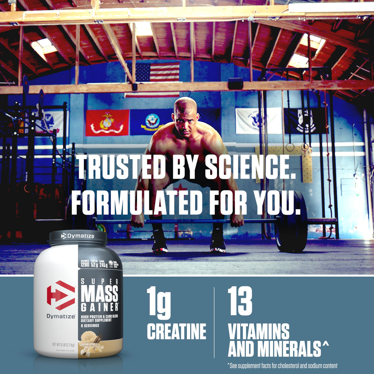Six pounds tub of Dymatize vanilla mass gainer for bodybuilding and size gains