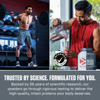 Back label of Dymatize Gourmet Vanilla mass gainer with complete ingredient list