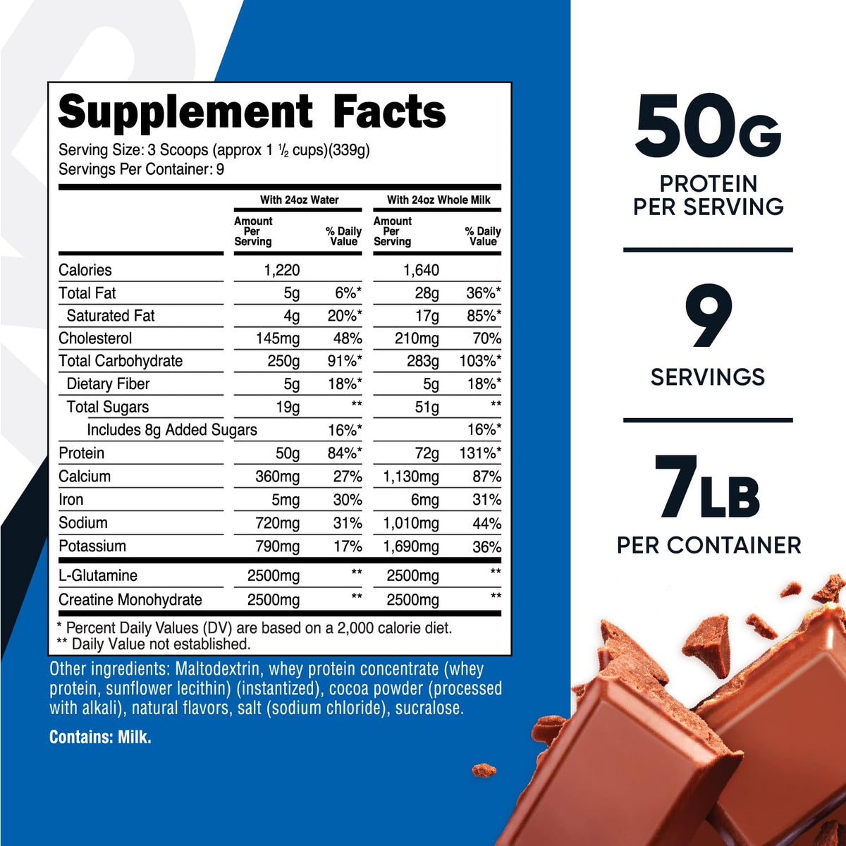 Nutricost high calorie protein powder supplement facts and USA manufactured label