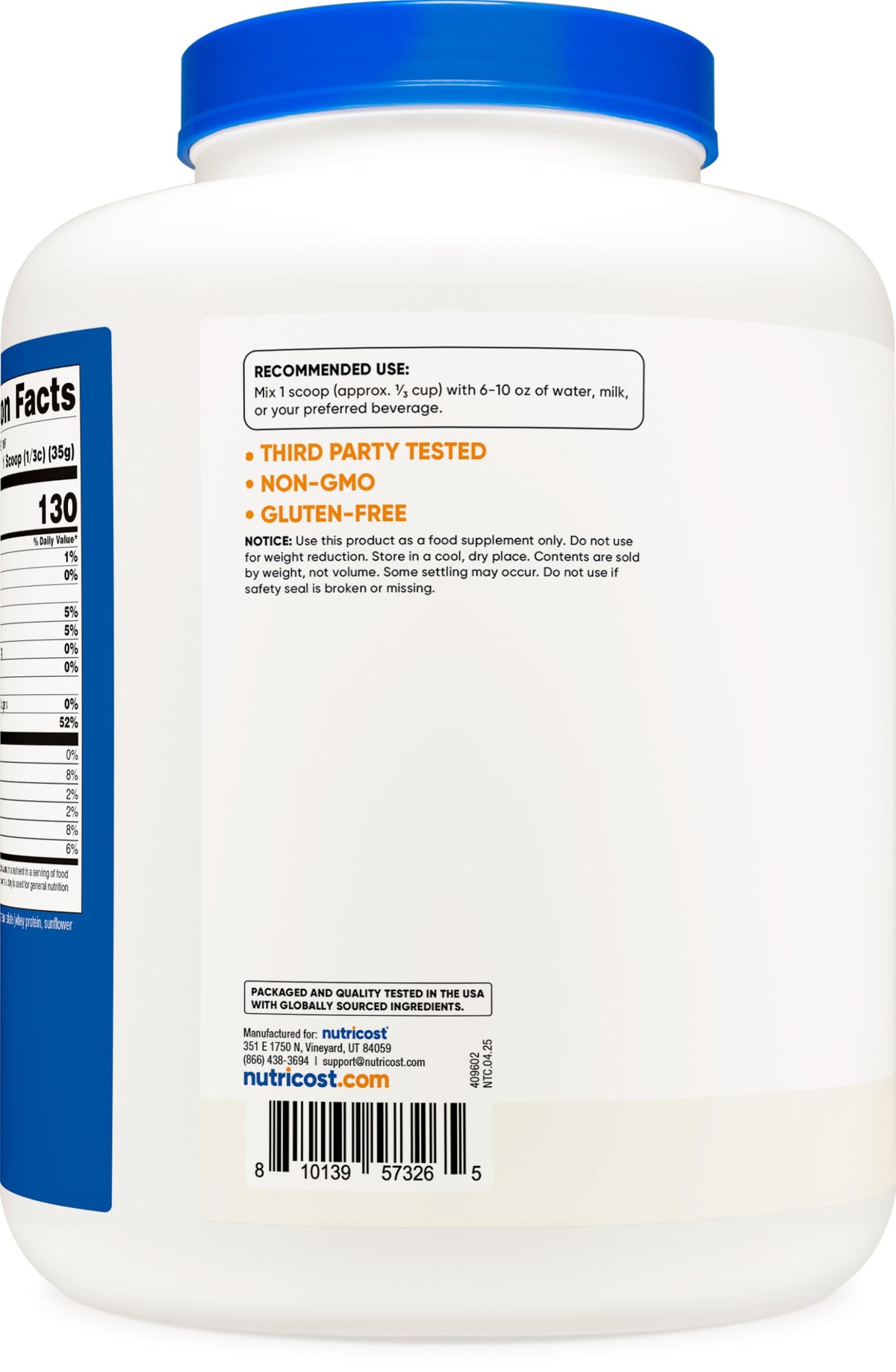 Side view of Nutricost imported health supplement packaging with non-GMO and hormone free assurances.