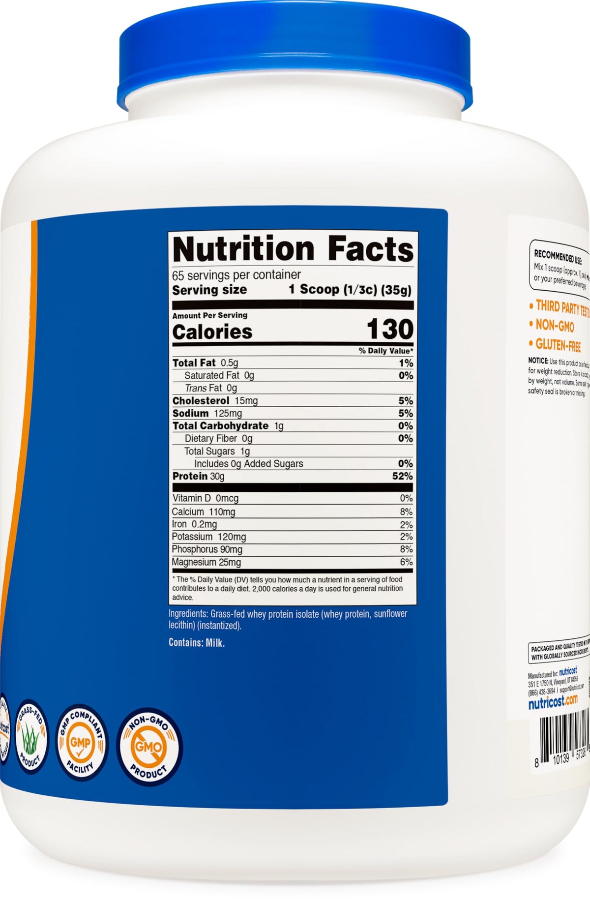 Nutricost large five pound fitness supplement container displaying independent third party laboratory test seals.