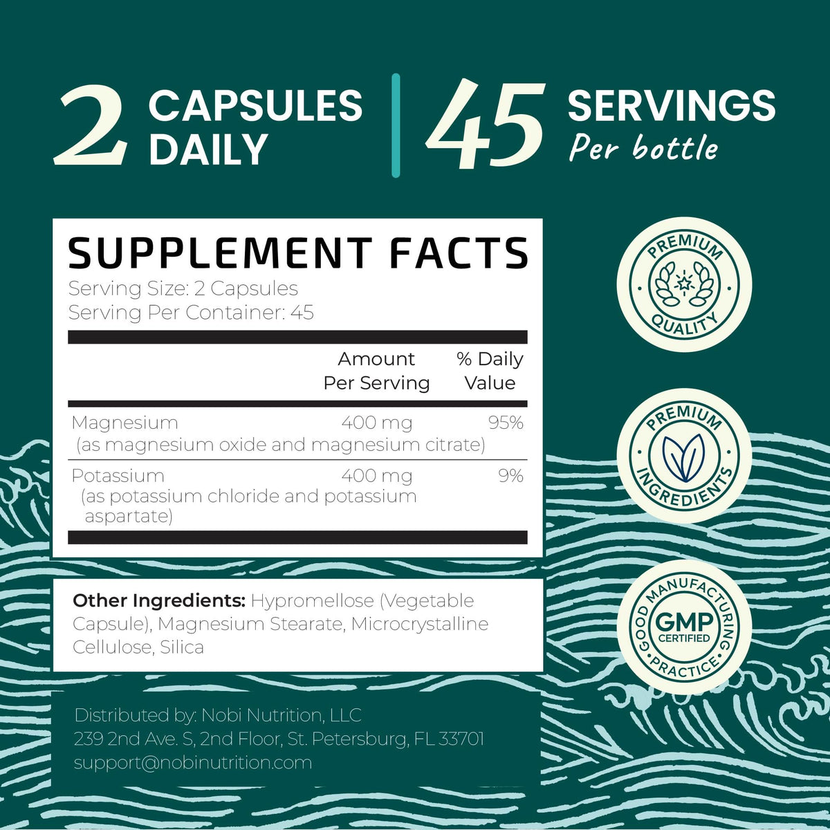 Premium Nobi Nutrition potassium magnesium capsules container for daily stress relief and hydration.