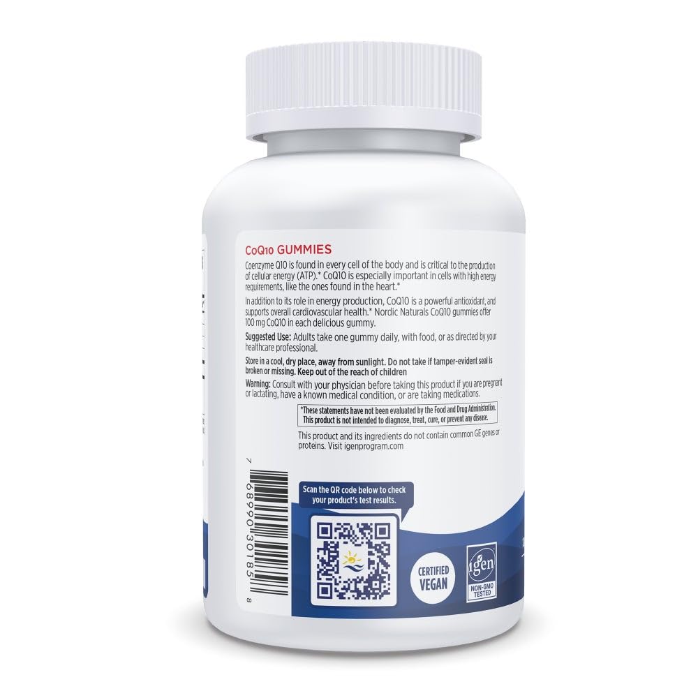 Gelatin free Nordic Naturals CoQ10 adult gummies on white clean surface background
