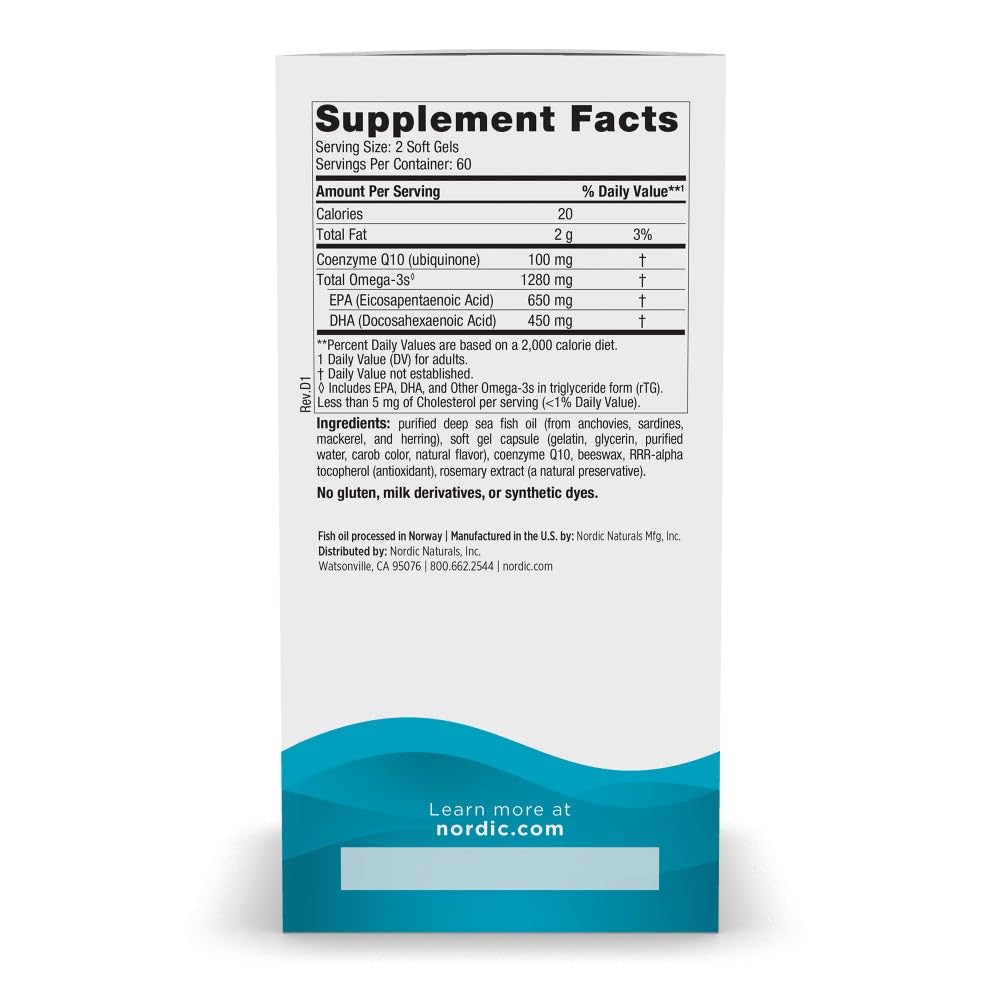 Nordic Naturals omega 3 fish oil and coenzyme Q10 supplement bottle with lemon flavor indicator