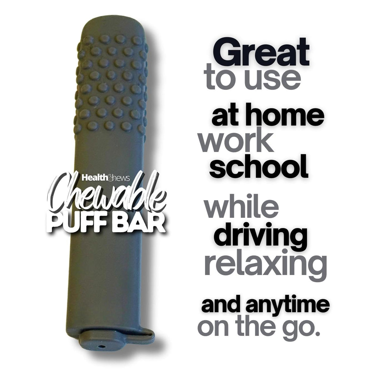 Health Chews aromatherapy inhaler lifestyle view held between fingers to demonstrate hand-to-mouth habit replacement.