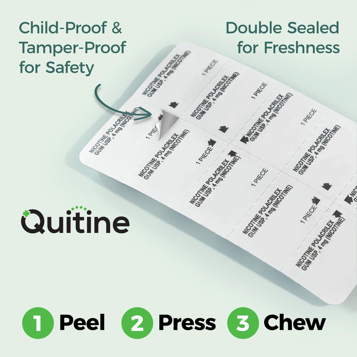 Close up view of the coated classic mint pieces alongside the standard Quitine three hundred count container