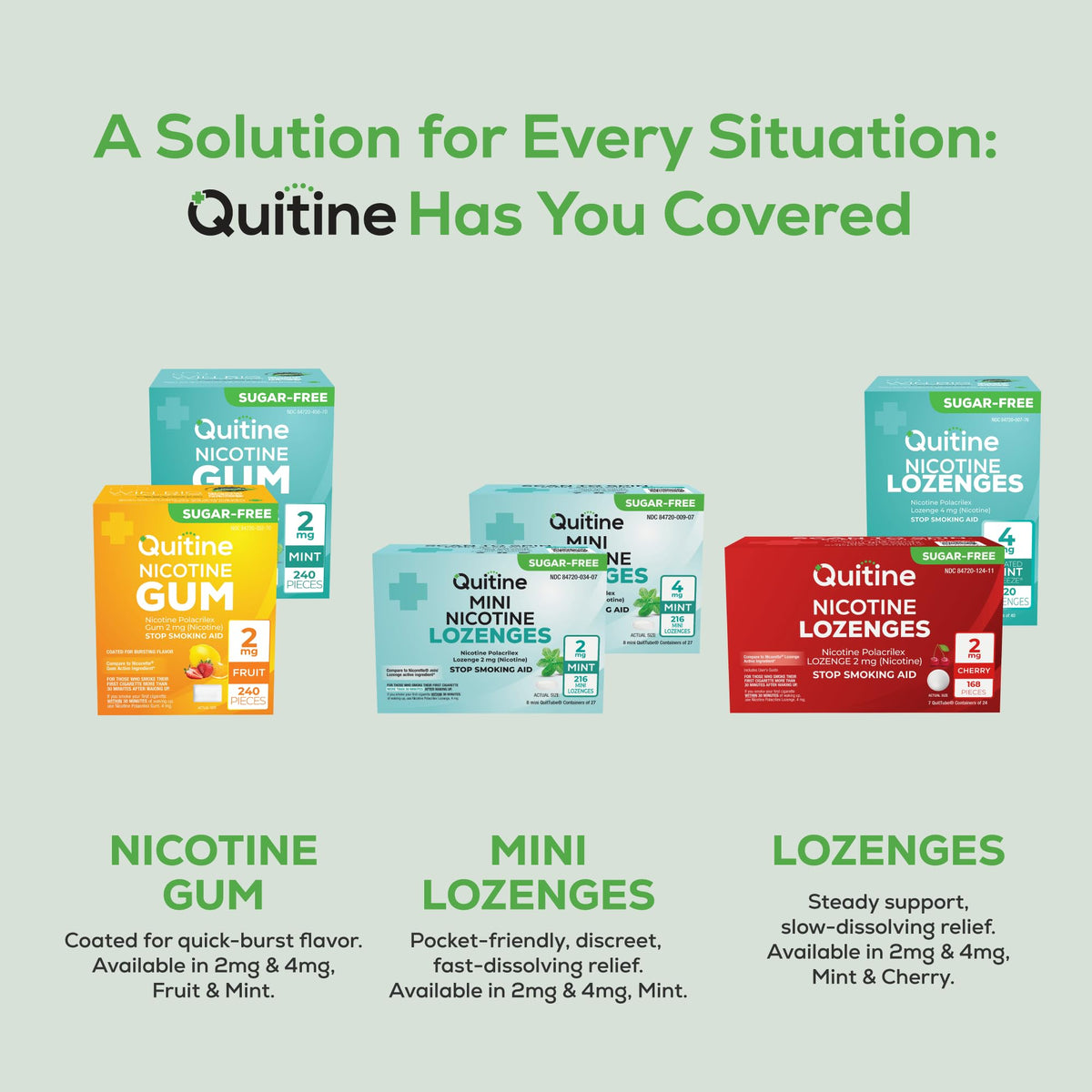 Authentic USA imported Quitine Nicotine Lozenges 2mg packaging top panel displaying brand logos