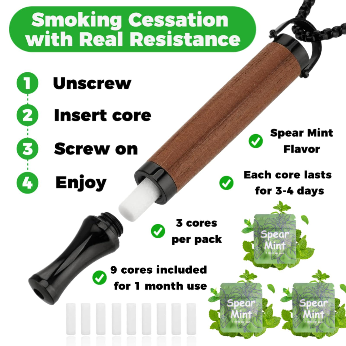 ASTOFLI habit support pendant with its nine pieces of refillable spearmint flavor cores neatly arranged