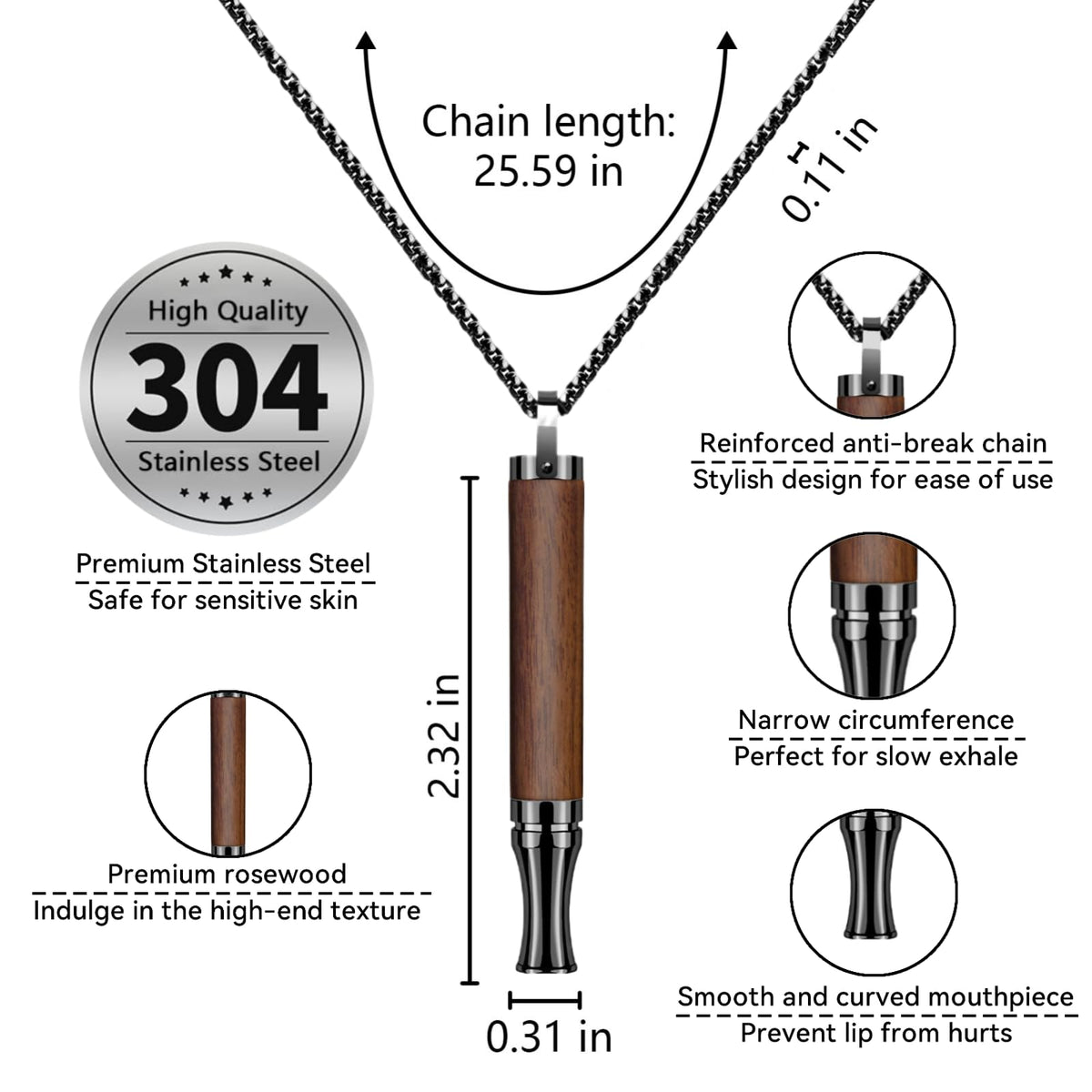 Close up view of the flat mouthpiece on the ASTOFLI stress relief necklace highlighting the airflow design