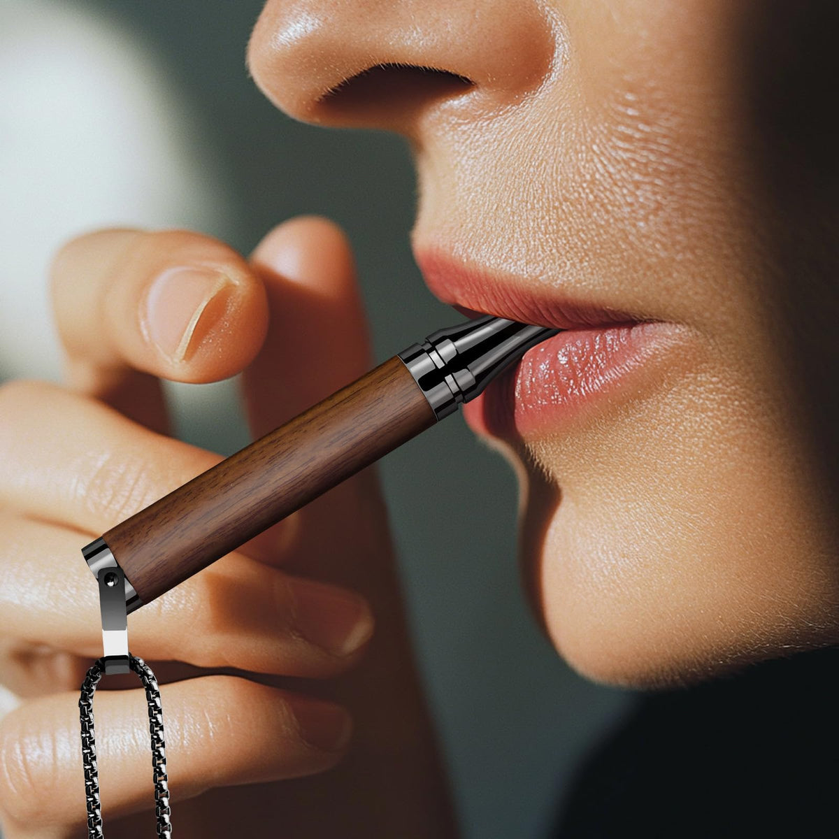 Side view of the brown ASTOFLI anti vaping necklace demonstrating its lightweight and compact structure
