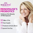 Close up view of Negima menopause dietary supplement capsules indicating soy free and gluten free benefits.