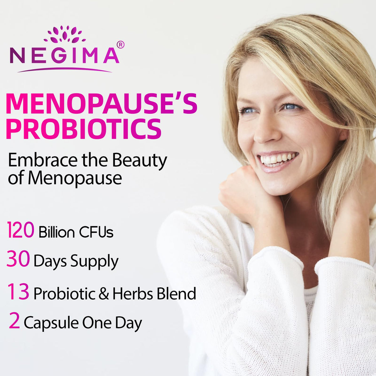 Close up view of Negima menopause dietary supplement capsules indicating soy free and gluten free benefits.