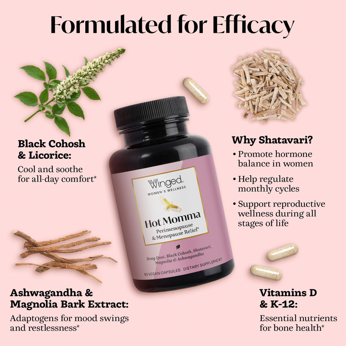 Winged Wellness hormone free perimenopause relief support capsules package details
