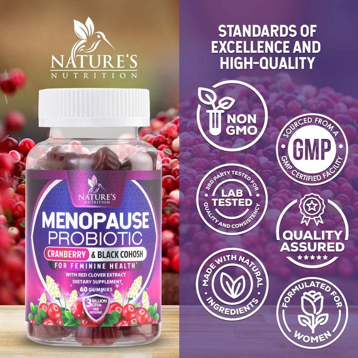 Nature's Nutrition 3 Billion CFU women's probiotic gummies side label ingredients