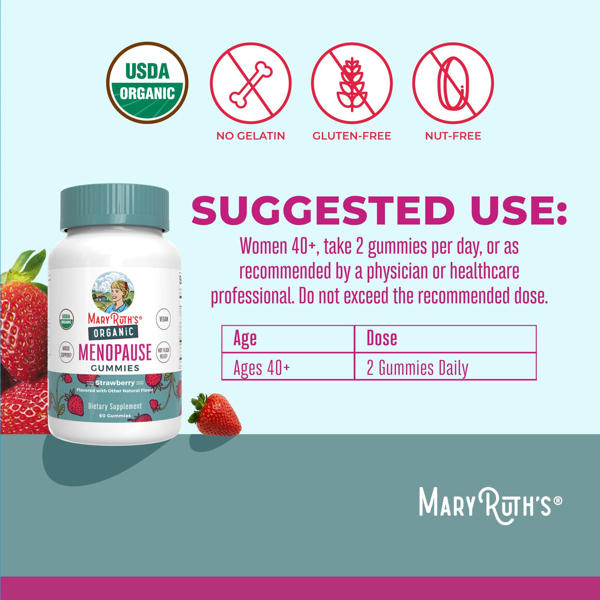 MaryRuth Organics non-GMO hot flash relief chewable vitamins showing sixty strawberry flavored pectin gummies.
