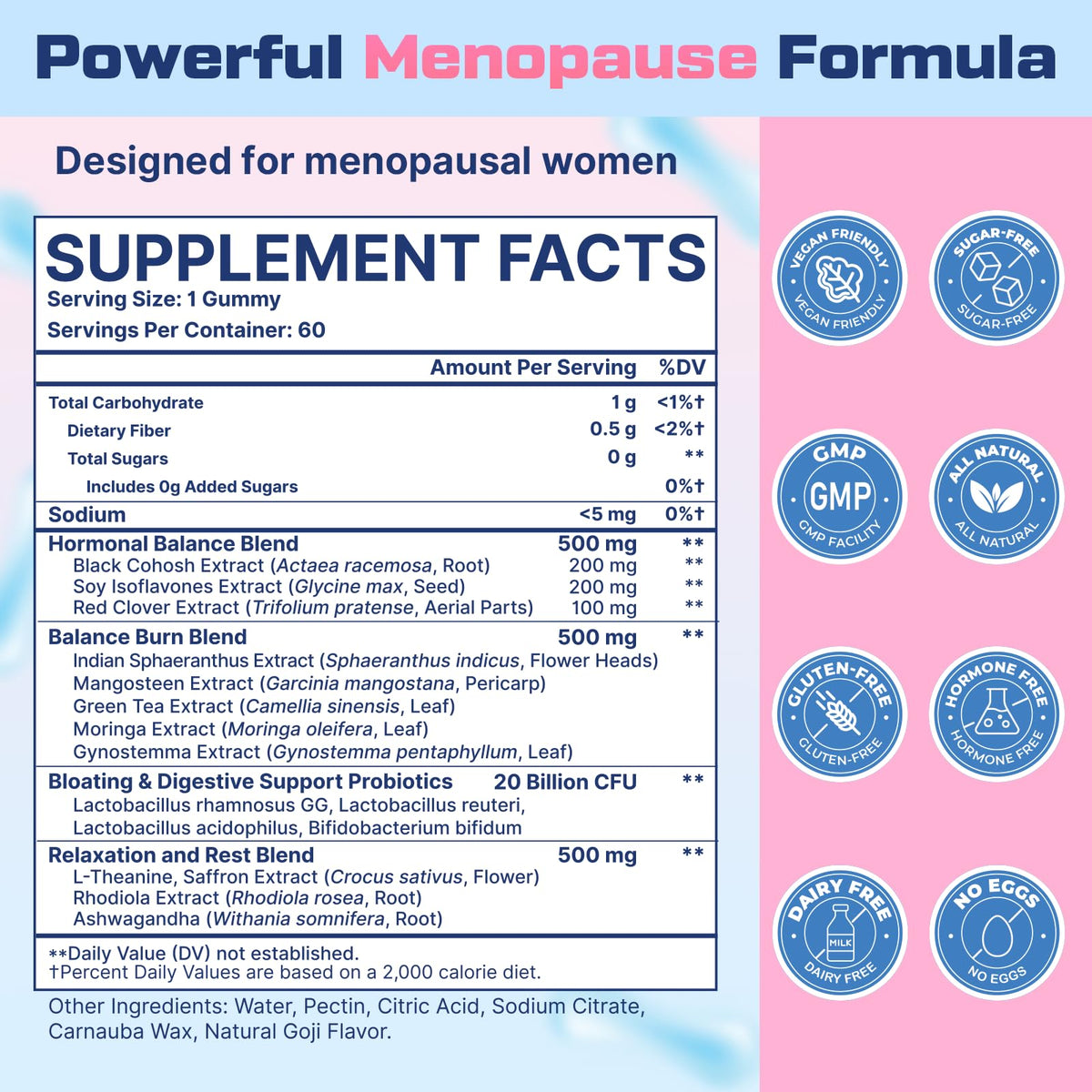 Biegeos 16-in-1 probiotic menopause relief sugar-free gummies nutrition facts.