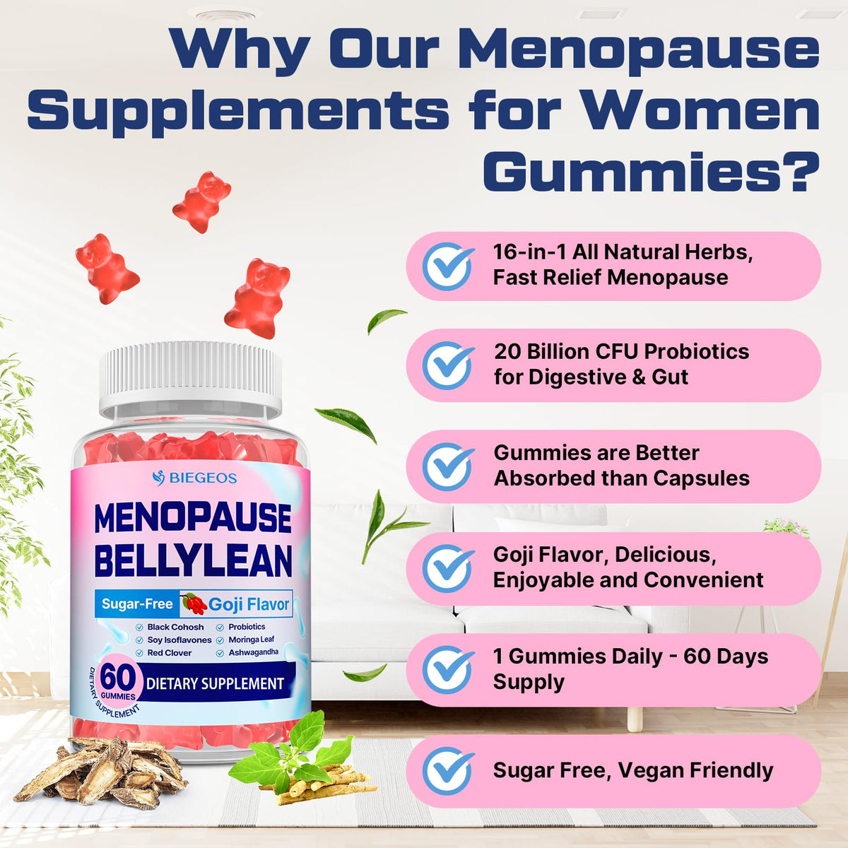 Side view of Biegeos menopause supplement packaging listing herbal ingredients.