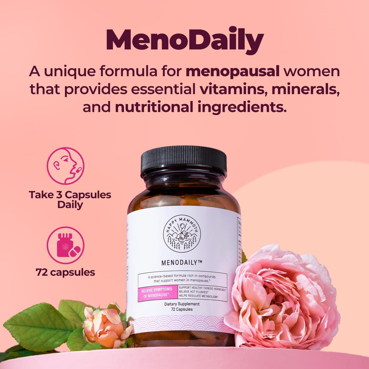 Happy Mammoth Meno Daily supplement for hot flashes and metabolism support side view.