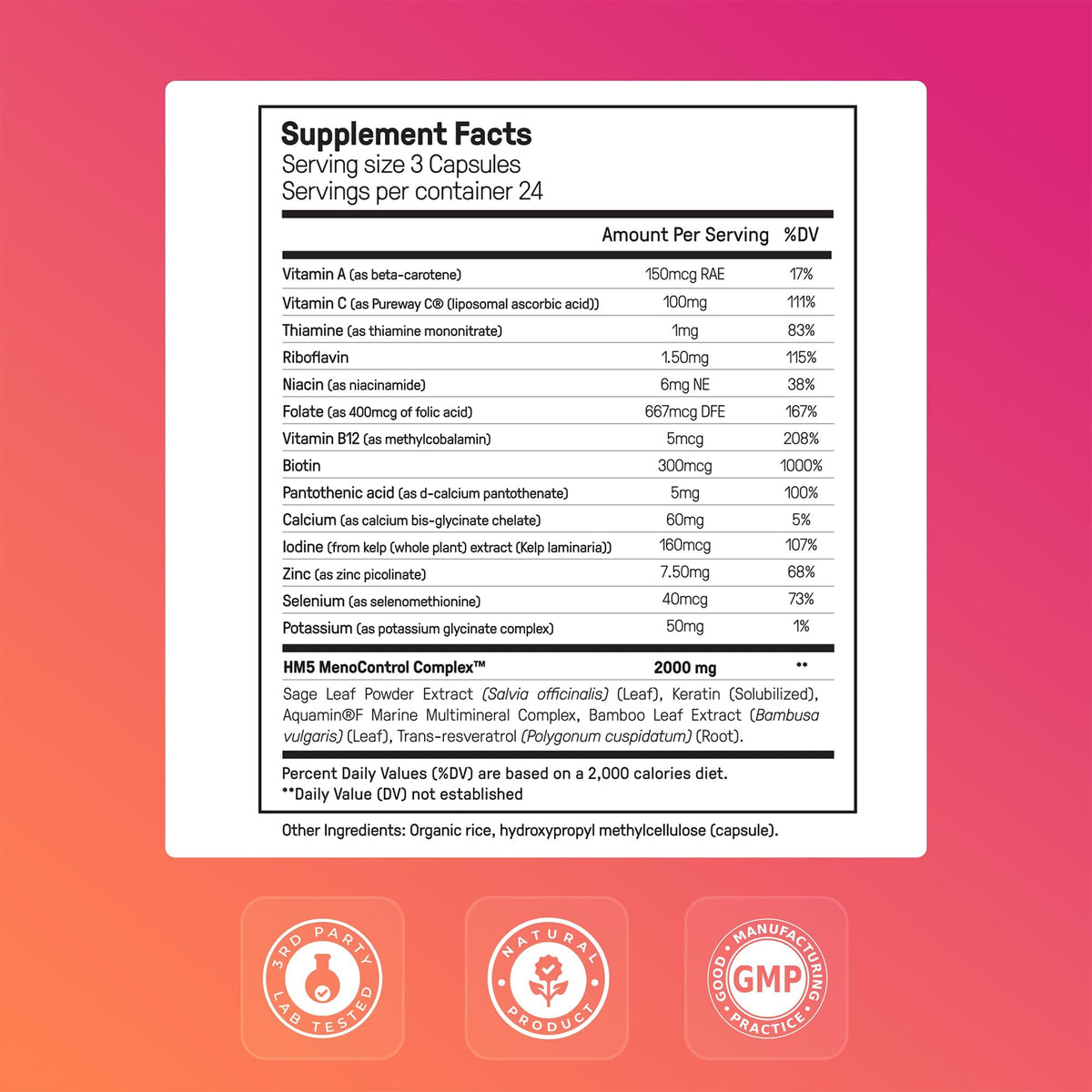 Happy Mammoth Meno Daily daily menopause support vitamins bottle close up view.