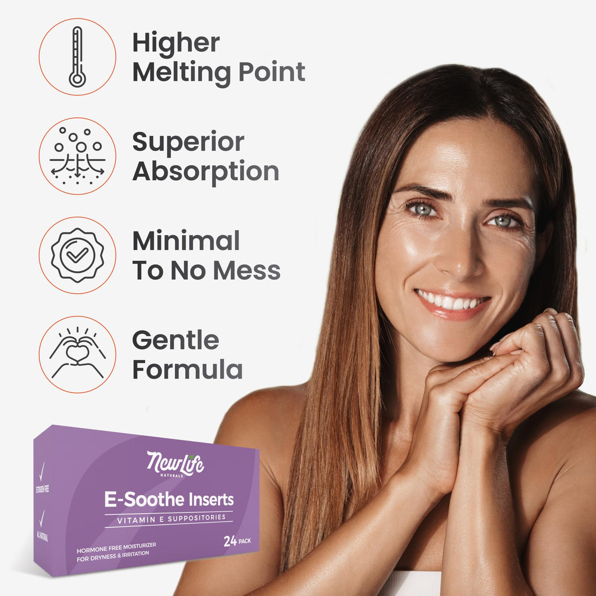 NewLife Naturals E-Soothe 38 IU vaginal inserts box showing natural ingredients panel
