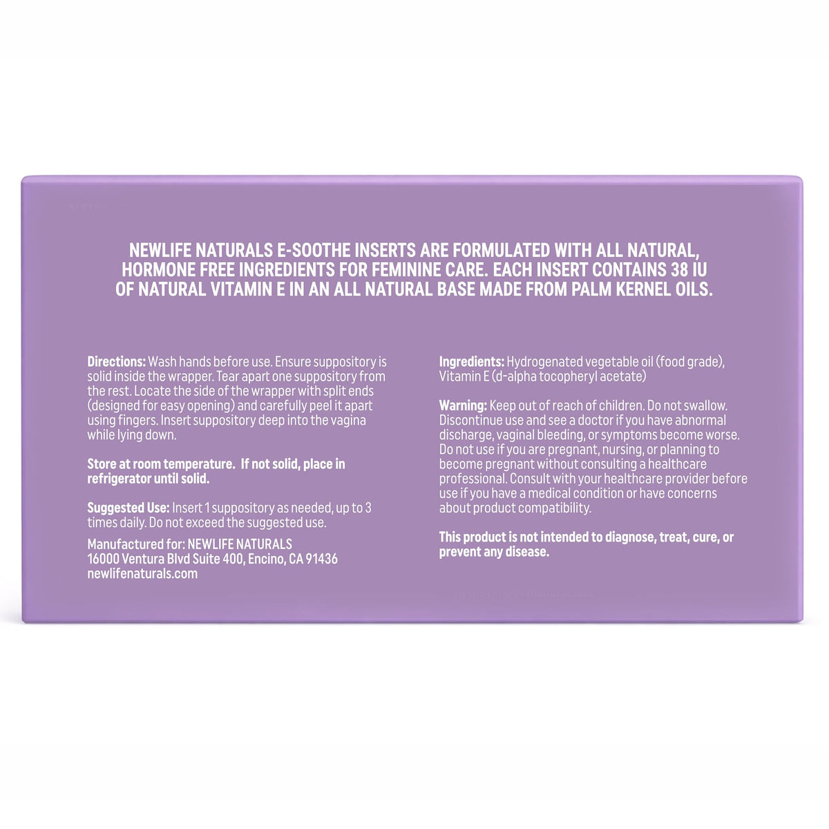 NewLife Naturals Vitamin E inserts for women showing non-GMO palm kernel oil base description