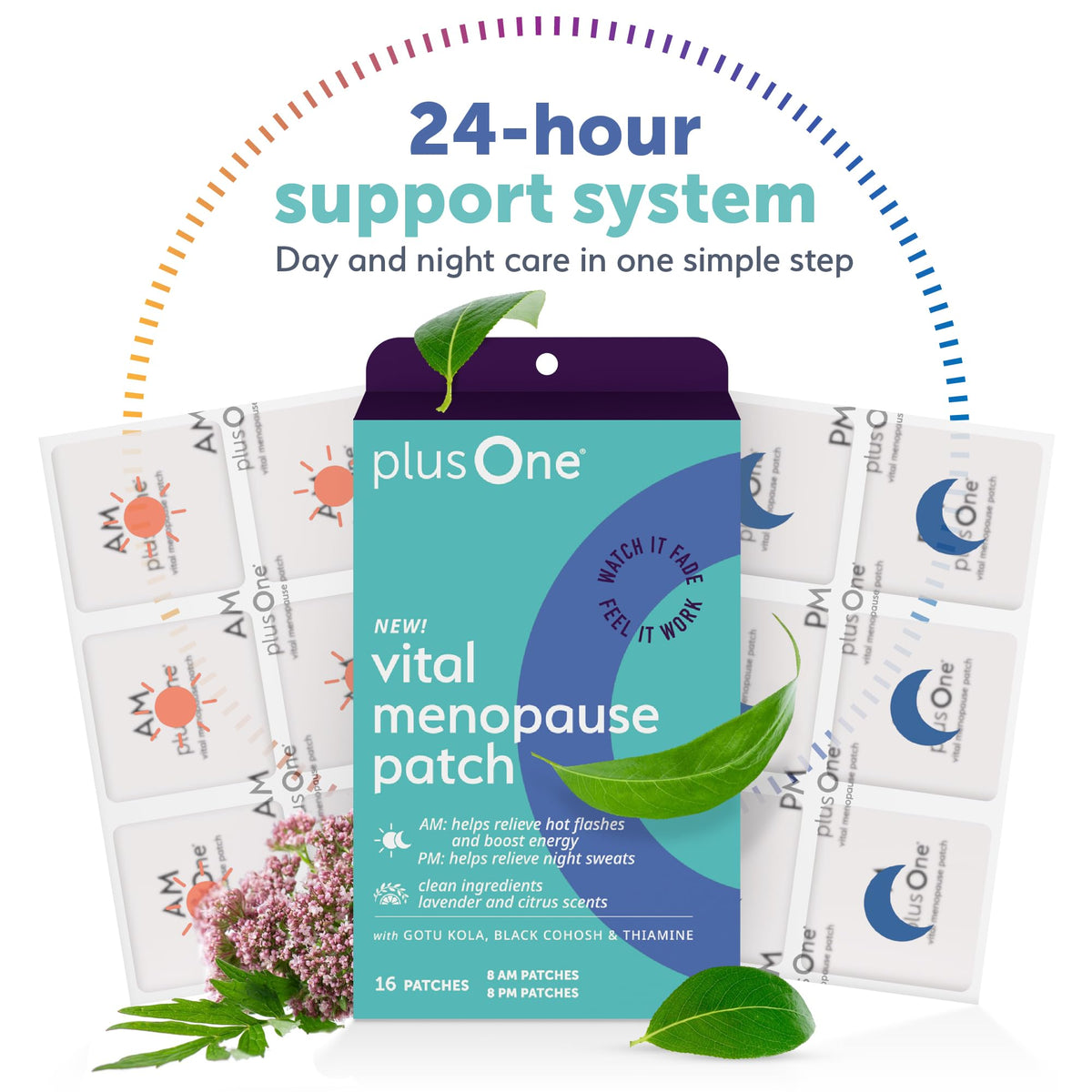 plusOne transdermal menopause relief patches being applied to the inner arm for hot flash relief