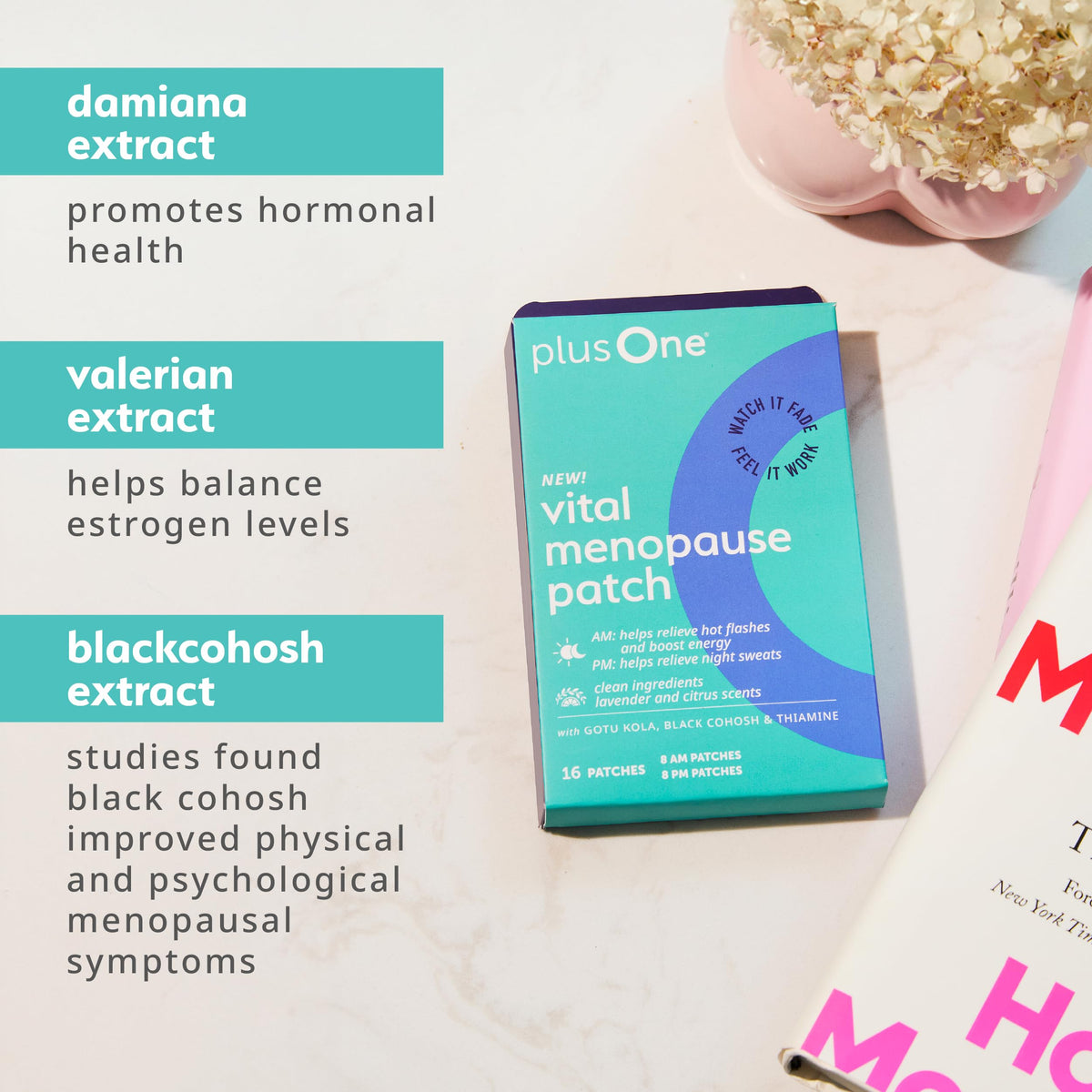 plusOne wellness daily patches packaging showing herbal ingredients list and twelve hour wear benefits