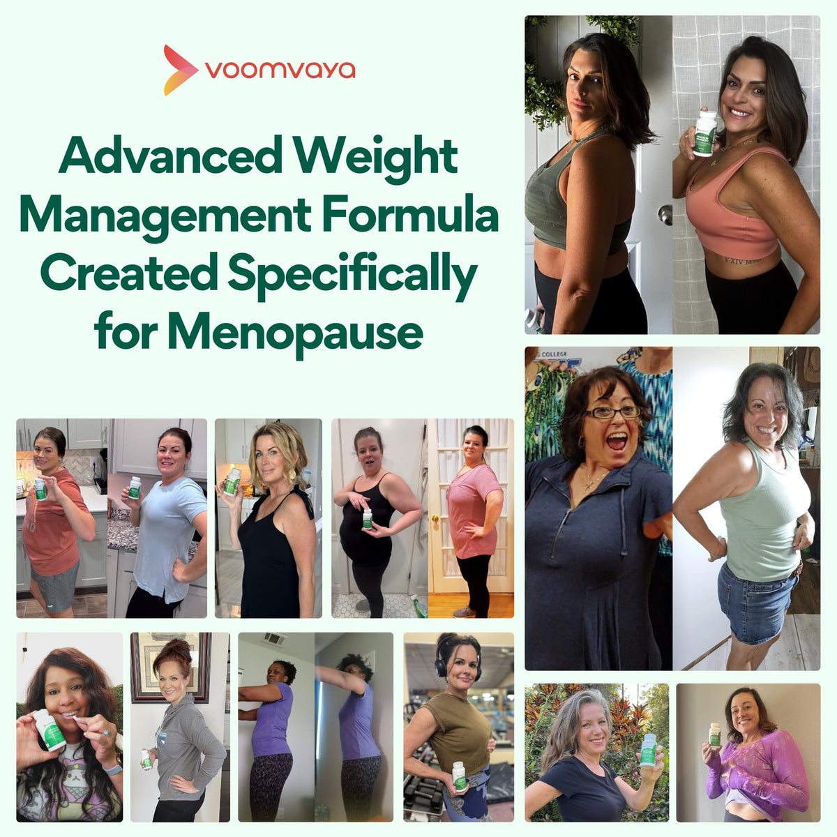 VoomVaya MenoSlim Advanced bottle showing the natural metabolism and weight management benefits text