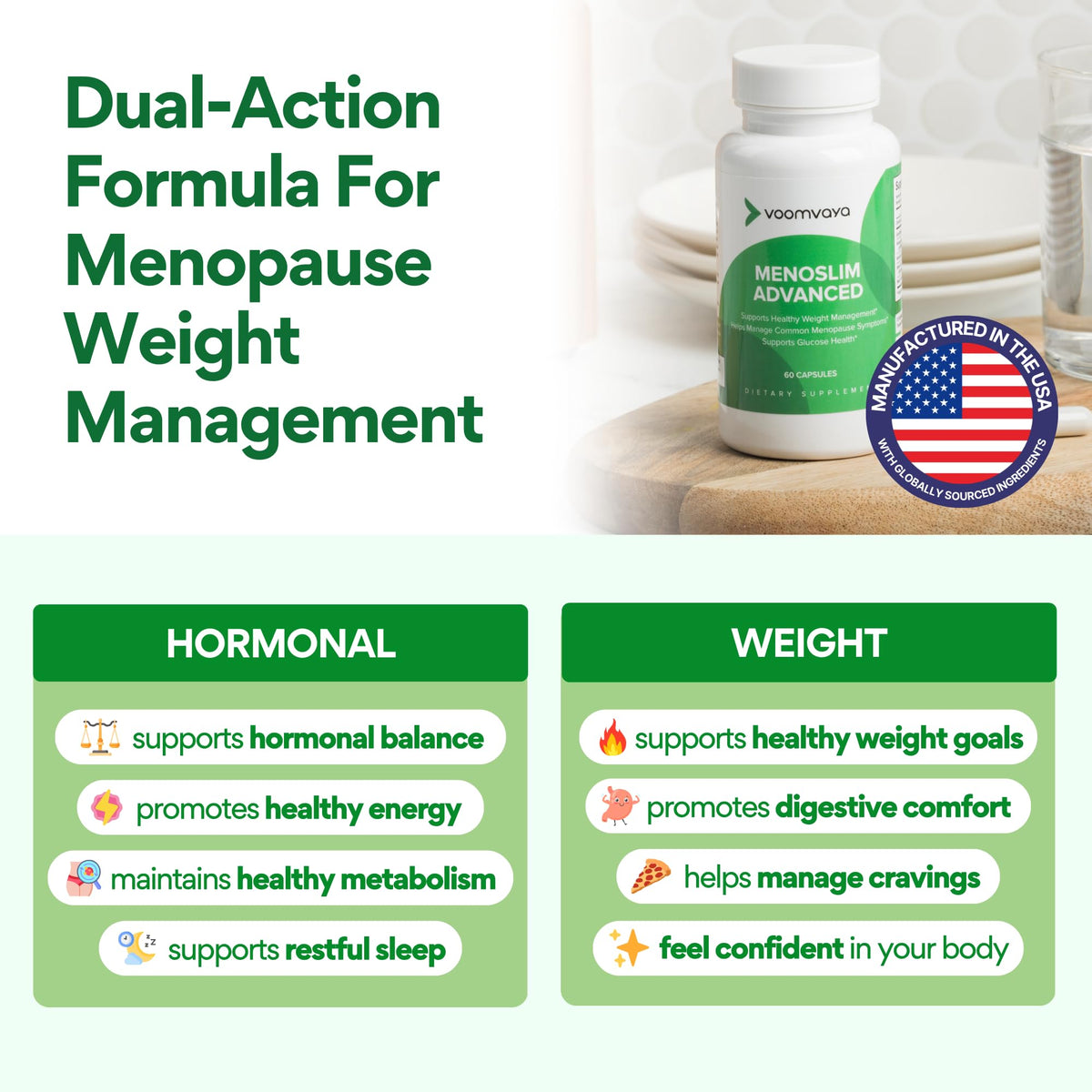 Side view of VoomVaya MenoSlim Advanced supplement packaging with detailed dosage guidelines