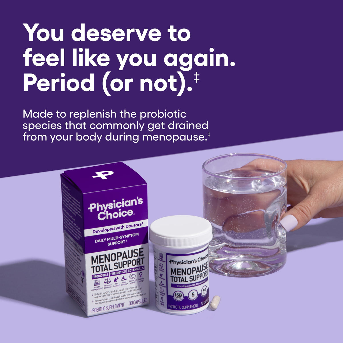 Physician's Choice Menopause Total Support supplement container displaying 15 Billion CFU count and key botanical ingredients