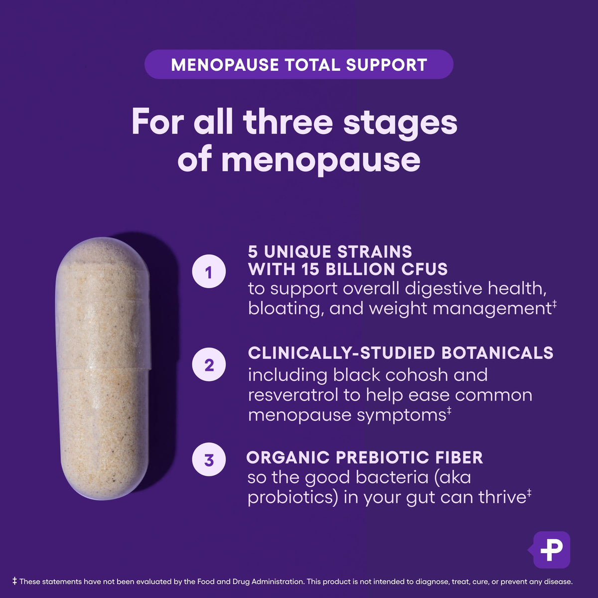 Side view of Physician's Choice Menopause capsule bottle detailing premium USA imported quality standards