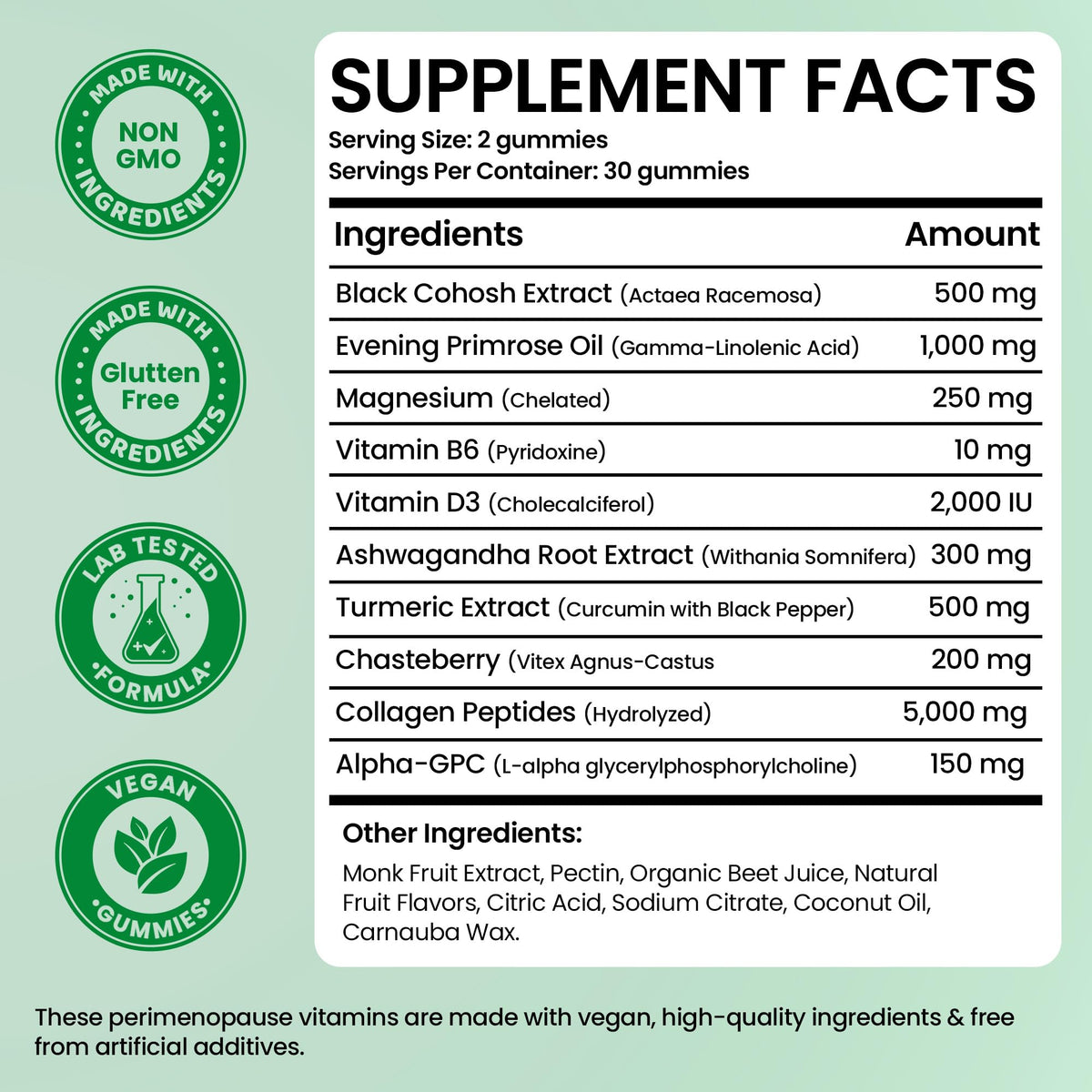 Terramed Just Think Comfort premenopausal gummy vitamins nutrition facts label showing black cohosh and ashwagandha content