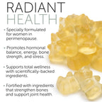 Terramed Just Think Comfort woman holding premium imported perimenopause gummy vitamins bottle for mood swing relief